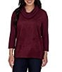 Ruby Rd. Faux Suede Hatchi Knit Cowl Neck 3/4 Sleeve Top - Image 1