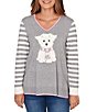 Ruby Rd. Fine-Gauge Knit V-Neck Long Stripe Sleeve Maltese Sweater, Color:Grey Multi - Image 1