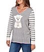 Ruby Rd. Fine-Gauge Knit V-Neck Long Stripe Sleeve Maltese Sweater, Color:Grey Multi - Image 4