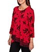 Ruby Rd. Flocking Floral Print Knit 3/4 Sleeve Lace Crossover Hem Top, Color:Cherry Multi - Image 4