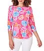 Color:Raspberry Multi - Image 1 - Floral Square Neck 3/4 Sleeve Rounded Hem Knit Top