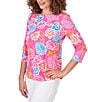 Color:Raspberry Multi - Image 3 - Floral Square Neck 3/4 Sleeve Rounded Hem Knit Top