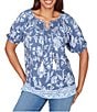 Ruby Rd. Floral Border Print Split V-Neck Short Sleeve Tassel Tie Top - Image 1