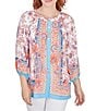 Color:Capri Multi - Image 1 - Floral Border Print Woven Band Round Neckline 3/4 Sleeve Button-Front Top