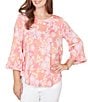 Ruby Rd. Floral Scoop Neck 3/4 Ruffle Trim Sleeve Top - Image 1