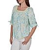 Ruby Rd. Floral Square Neck Elbow Tie Sleeve Pleated Top - Image 3