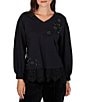 Ruby Rd. French Terry Beaded Lace Detail V-Neck Long Sleeve Top - Image 1