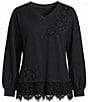 Ruby Rd. French Terry Beaded Lace Detail V-Neck Long Sleeve Top - Image 4