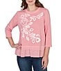 Ruby Rd. French Terry Knit Floral Embroidered Eyelet Accents Top - Image 1