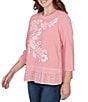 Ruby Rd. French Terry Knit Floral Embroidered Eyelet Accents Top - Image 3