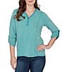 Ruby Rd. French Terry Knit Lace Applique V-Neck 3/4 Buttoned Tab Sleeve Top - Image 1