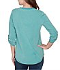 Ruby Rd. French Terry Knit Lace Applique V-Neck 3/4 Buttoned Tab Sleeve Top - Image 2