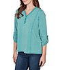 Ruby Rd. French Terry Knit Lace Applique V-Neck 3/4 Buttoned Tab Sleeve Top - Image 3