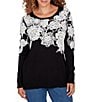 Ruby Rd. Fuzzy Eyelash Jacquard Knit Floral Placement Scoop Neckline Sweater, Color:Black - Image 1
