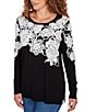 Ruby Rd. Fuzzy Eyelash Jacquard Knit Floral Placement Scoop Neckline Sweater, Color:Black - Image 4