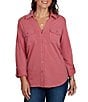 Ruby Rd. Garment Washed Point Collar 3/4 Roll-Tab Sleeve Button Front Shirt - Image 4