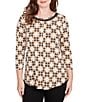 Ruby Rd. Geometric Medallion Print Crew Neck 3/4 Sleeve Metallic Mesh Knit Top, Color:Tan Multi - Image 1