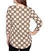 Ruby Rd. Geometric Medallion Print Crew Neck 3/4 Sleeve Metallic Mesh Knit Top, Color:Tan Multi - Image 2