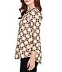 Ruby Rd. Geometric Medallion Print Crew Neck 3/4 Sleeve Metallic Mesh Knit Top, Color:Tan Multi - Image 3
