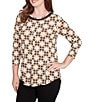 Ruby Rd. Geometric Medallion Print Crew Neck 3/4 Sleeve Metallic Mesh Knit Top, Color:Tan Multi - Image 4