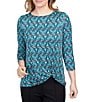 Color:Teal Multi - Image 1 - Geometric Print Knit Crew Neck Twisted Hem Detail 3/4 Sleeve Shirt