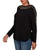Ruby Rd. Gleaming Grommet Embellished Fine-Gauge Boat Neck Sweater, Color:Black - Image 3