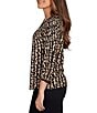 Ruby Rd. Gored Jacquard Textured Animal Print Keyhole Neck 3/4 Sleeve Sweater, Color:Tan Multi - Image 3