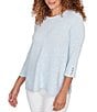 Ruby Rd. Heather Speckeled Ribbed Knit Crew Neck 3/4 Sleeve Side Vented Top, Color:Bluebell Heather - Image 4