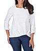 Color:White - Image 1 - Honeycomb Knit Crew Neck Gathered Front Hem 3/4 Sleeve Top