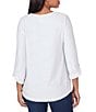 Color:White - Image 2 - Honeycomb Knit Crew Neck Gathered Front Hem 3/4 Sleeve Top