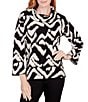 Color:Black/Ivory - Image 1 - Ikat Cozy Jacquard Knit Cowl Neck 3/4 Sleeve Pullover