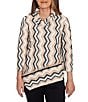 Ruby Rd. Jacquard Knit Zig-Zag Stripe Cowl Neck 3/4 Sleeve Asymmetric Hem Top, Color:Tan Multi - Image 1