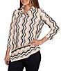 Ruby Rd. Jacquard Knit Zig-Zag Stripe Cowl Neck 3/4 Sleeve Asymmetric Hem Top, Color:Tan Multi - Image 4