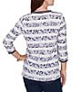 Ruby Rd. Jersey Knit 3/4 Sleeve Floral Stripe Contrast Tipping Twist Front Hem Top, Color:Lilac Multi - Image 2
