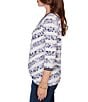 Ruby Rd. Jersey Knit 3/4 Sleeve Floral Stripe Contrast Tipping Twist Front Hem Top, Color:Lilac Multi - Image 3