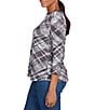 Ruby Rd. Jersey Knit Bias Plaid Floral Print 3/4 Sleeve Top, Color:Grey Multi - Image 3