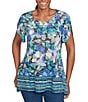 Ruby Rd. Jersey Knit Floral Stripe Border Print Round Neck Short Sleeve Sharkbite Hem Top, Color:Navy/Multi - Image 1