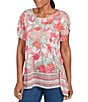 Ruby Rd. Jersey Knit Floral Stripe Border Print Round Neck Short Sleeve Sharkbite Hem Top, Color:Bay Leaf/Multi - Image 4