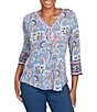 Ruby Rd. Jersey Knit Paisley Stripe Ribbon V-Neck 3/4 Sleeve Top, Color:Slate Blue - Image 1