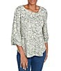 Ruby Rd. Knit Asymmetrical V-Neck 3/4 Sleeve Floral Dewdrop Embellished Top, Color:Loden Multi - Image 1