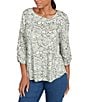Ruby Rd. Knit Asymmetrical V-Neck 3/4 Sleeve Floral Dewdrop Embellished Top, Color:Loden Multi - Image 4