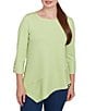 Ruby Rd. Knit Cable Stripe Square Neck 3/4 Sleeve Asymmetric Hem Top, Color:Avocado - Image 1