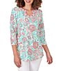 Color:Punch Multi - Image 1 - Knit Embroidered Rainforest Parrot Horseshoe Neck 3/4 Sleeve Top
