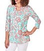 Color:Punch Multi - Image 4 - Knit Embroidered Rainforest Parrot Horseshoe Neck 3/4 Sleeve Top