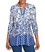 Ruby Rd. Knit Floral Border Print Keyhole Neck 3/4 Sleeve Top, Color:Ultramarine/Ivory - Image 1