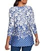 Ruby Rd. Knit Floral Border Print Keyhole Neck 3/4 Sleeve Top, Color:Ultramarine/Ivory - Image 2