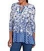 Ruby Rd. Knit Floral Border Print Keyhole Neck 3/4 Sleeve Top, Color:Ultramarine/Ivory - Image 4