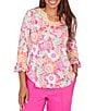 Ruby Rd. Knit Floral Horseshoe Neck 3/4 Ruffle Trim Sleeve Top - Image 1