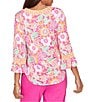 Ruby Rd. Knit Floral Horseshoe Neck 3/4 Ruffle Trim Sleeve Top - Image 2