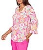 Ruby Rd. Knit Floral Horseshoe Neck 3/4 Ruffle Trim Sleeve Top - Image 3